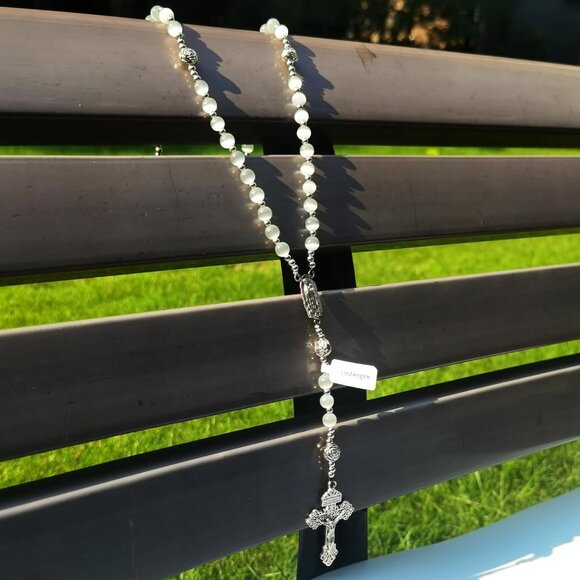 Catholic Rosary Necklace Women Men White Stone Stainless Steel Beads Cross - Picture 4 of 6